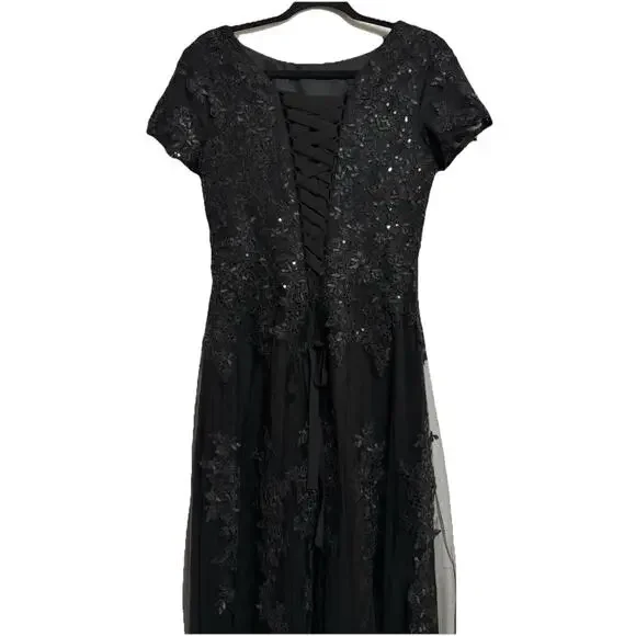 Women’s Black Lace Maxi Dress Size 12 Formal Short Sleeve Drawstring Prom NWOT - Picture 2 of 16